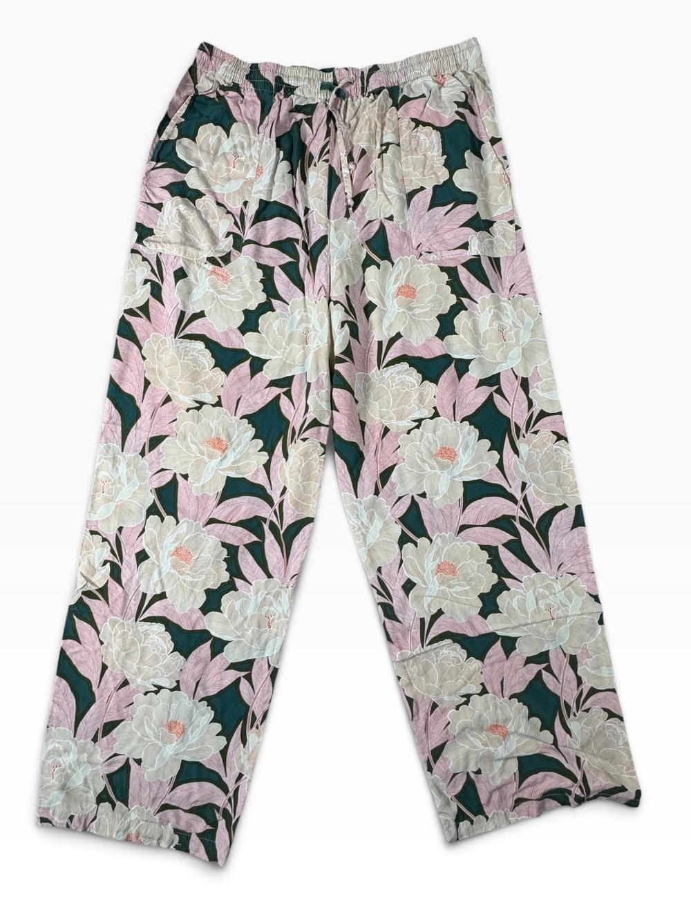 Black Rain Floral Wide-Leg Pants in Dark Green, Pink and Cream